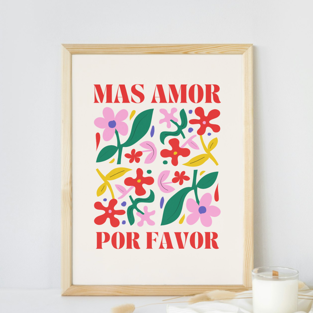 Affiche "Mas Amor Por Favor" – Illustration Florale Colorée & Style Art Naïf