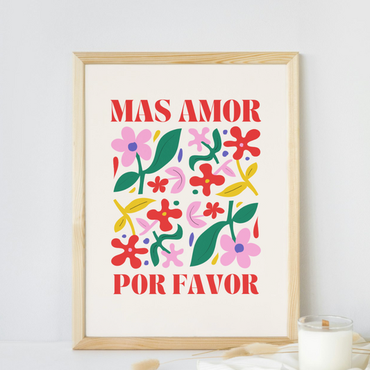 Affiche "Mas Amor Por Favor" – Illustration Florale Colorée & Style Art Naïf