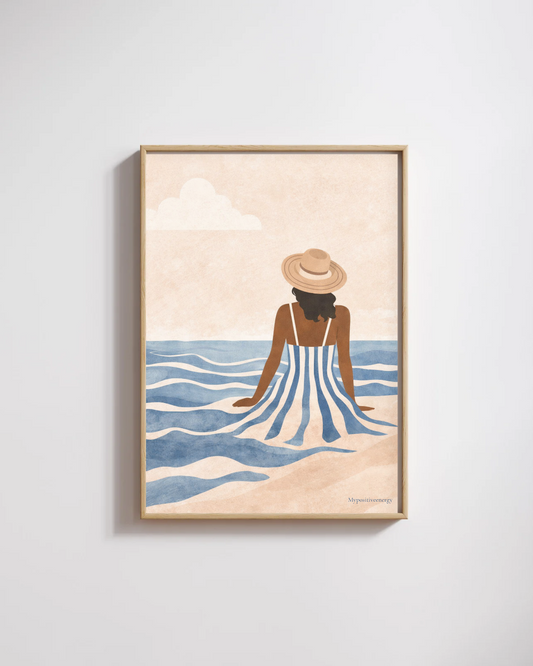Affiche bord de mer minimaliste | Illustration femme face à l’océan – Déco murale bohème – My Positive Energy