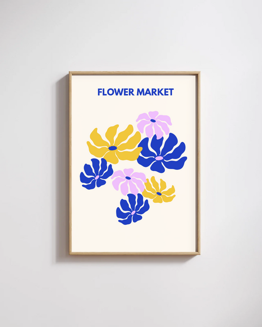 Affiche Flower Market Minimaliste – Poster Floral Bleu & Jaune Moderne