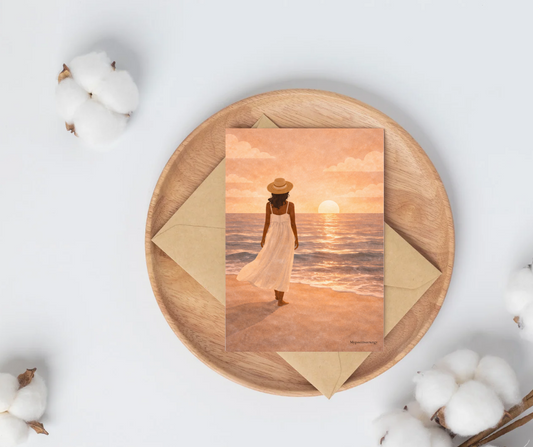 Carte coucher de soleil mer – Illustration femme face à l’océan | Carte bohème & évasion – My Positive Energy