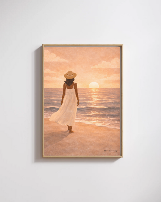 Affiche coucher de soleil bord de mer | Illustration femme face à l’océan – Déco murale chaleureuse & bohème – My Positive Energy