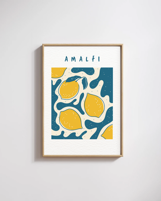 Affiche Amalfi Italie – Poster Citron Jaune & Bleu Marine