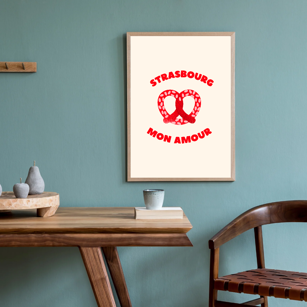Affiche Strasbourg Alsace – Poster Bretzel Mon Amour Rouge & Crème