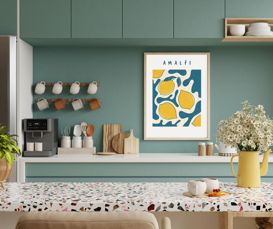 Affiche Amalfi Italie – Poster Citron Jaune & Bleu Marine