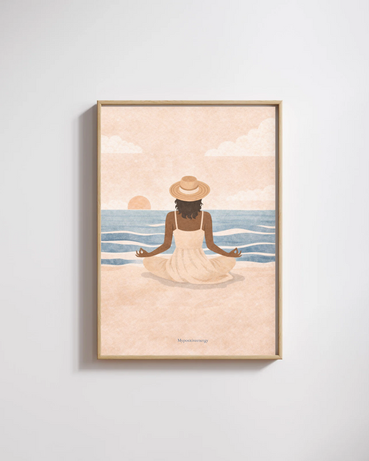 Affiche méditation bord de mer | Illustration femme en méditation – Déco murale apaisante & bohème – My Positive Energy