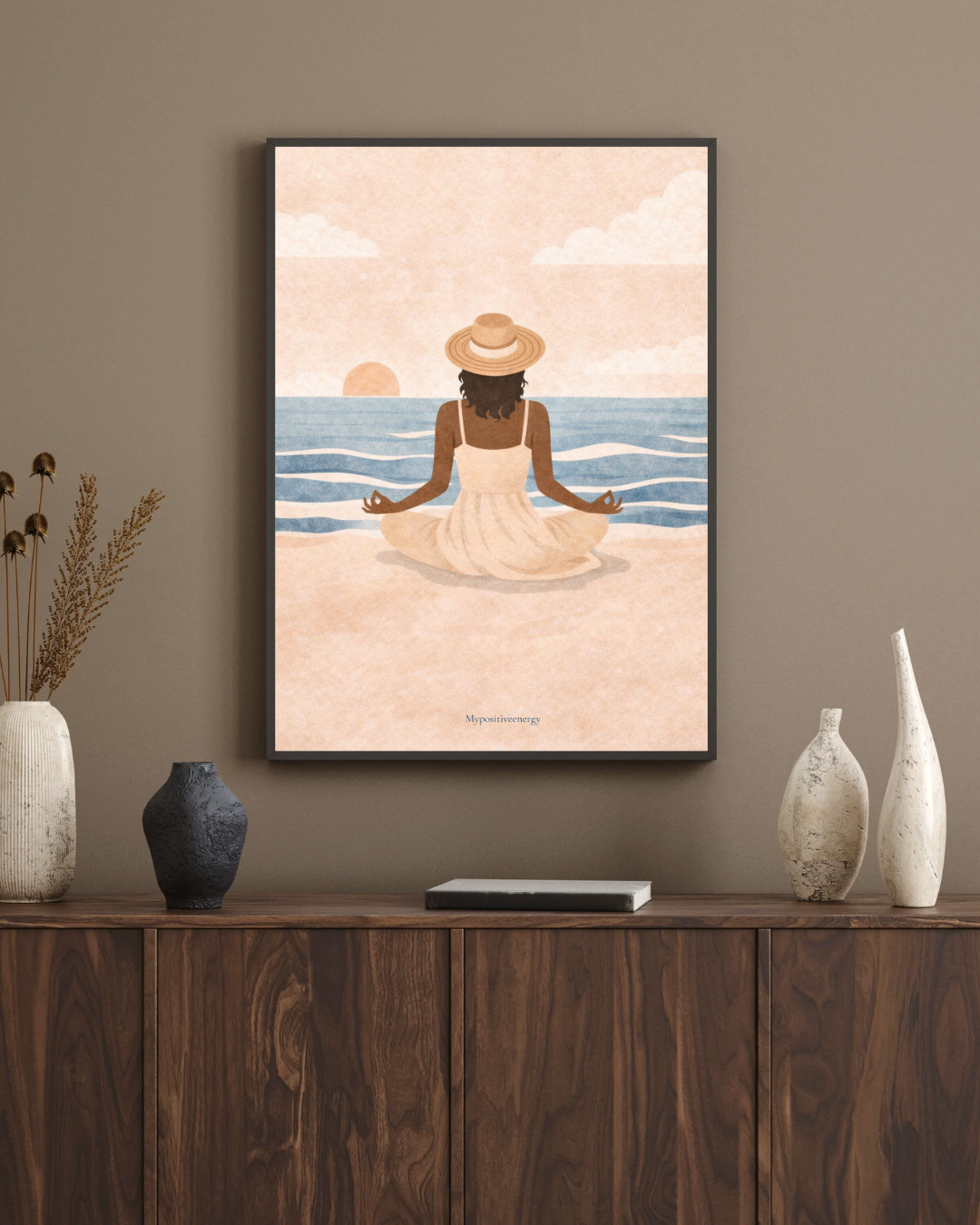 Affiche méditation bord de mer | Illustration femme en méditation – Déco murale apaisante & bohème – My Positive Energy