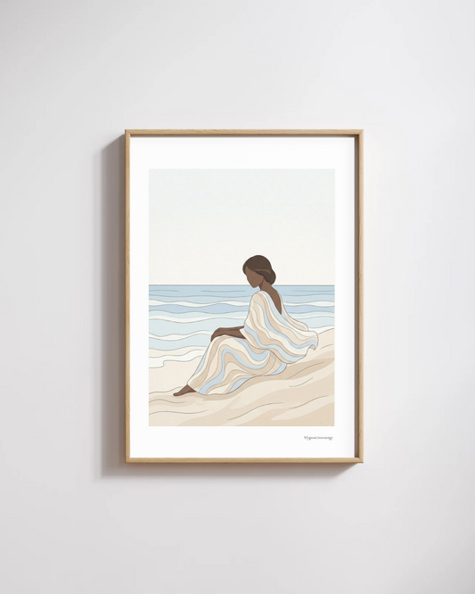 Affiche femme assise bord de mer | Illustration minimaliste & apaisante – Déco murale bohème chic – My Positive Energy